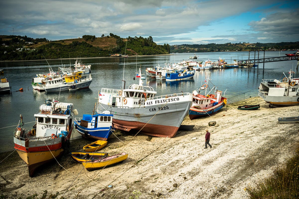 Artisanal fishing boats anchored off the coast of Dalcahue. The World Wildlife Fund works with artisanal fishers here to promote sustainable fishing practices and culture.