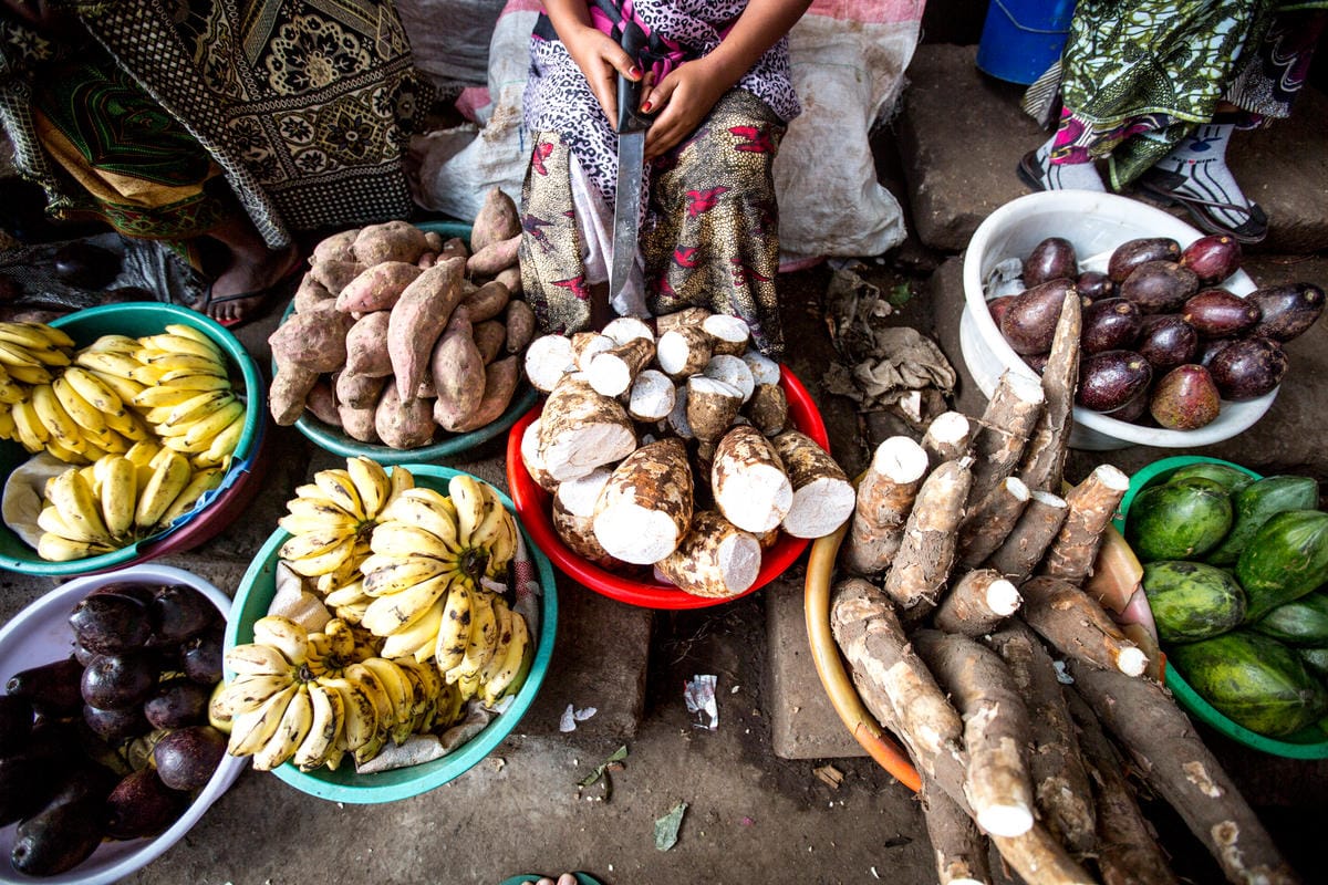 A variety of orphan crops for sale in Arusha Market, Tanzania.